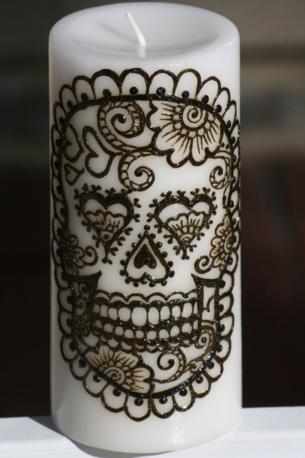 Henna Sugar Skull Pillar Candle, White, Day of the Dead, Dia de los Muertos