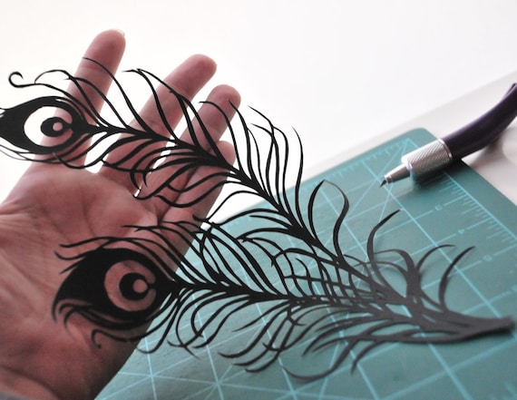 Peacock Feathers hand cut 8x10 silhouette on paper vellum