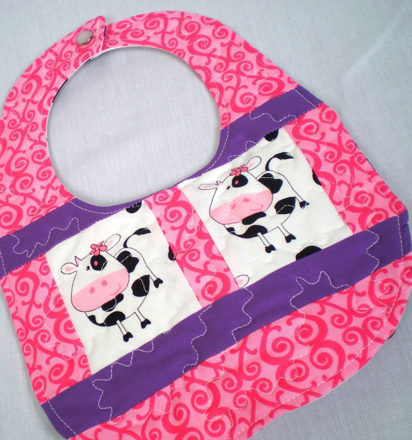 Pink and Purple Cows, Quilted, and Reversible Baby Bib