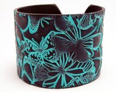 Polymer Clay Jewelry Black Cuff Bracelet Wide Cuff Turquoise Butterfly Motif Hand Stamped