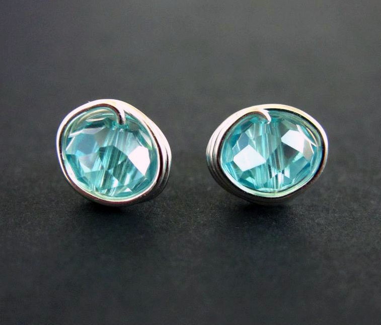 Stud Earrings Nickel Free Turquoise Stud Earrings Silver Wire Wrapped Jewelry Small Post Crystal Earrings