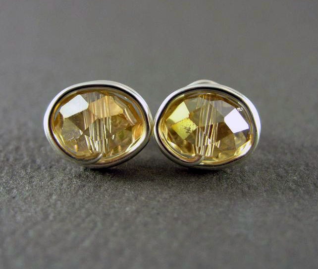 Stud Earrings Nickel Free Amber Earrings Small Crystal Beaded Wire Wrapped Earrings November Birthstone Jewelry Yellow Earrings