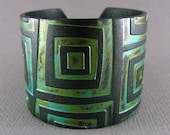 Silver Cuff Bracelet Polymer Clay Jewelry Verdigris Patina Turquoise Cuff Urban Industrial Wide Cuff Hand Stamped