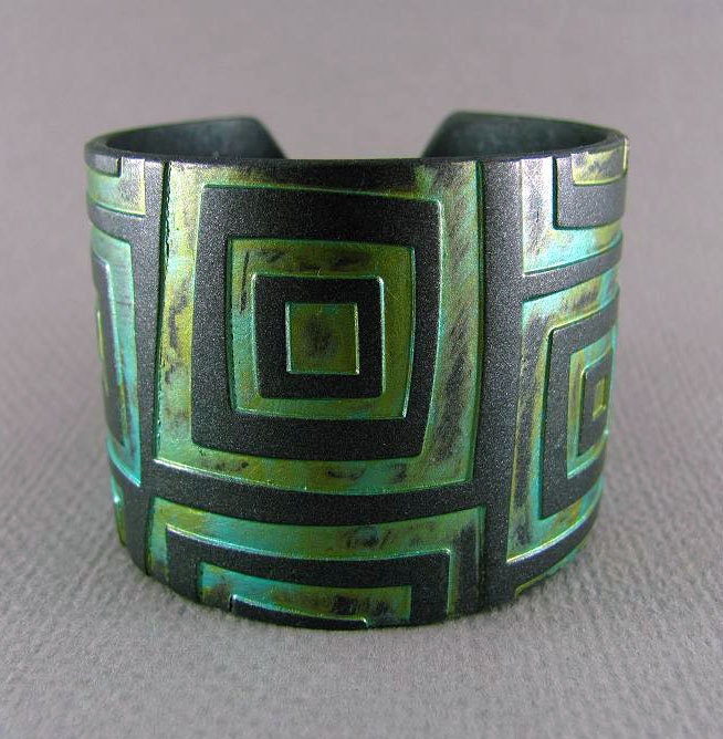 Silver Cuff Bracelet Polymer Clay Jewelry Verdigris Patina Turquoise Cuff Urban Industrial Wide Cuff Hand Stamped