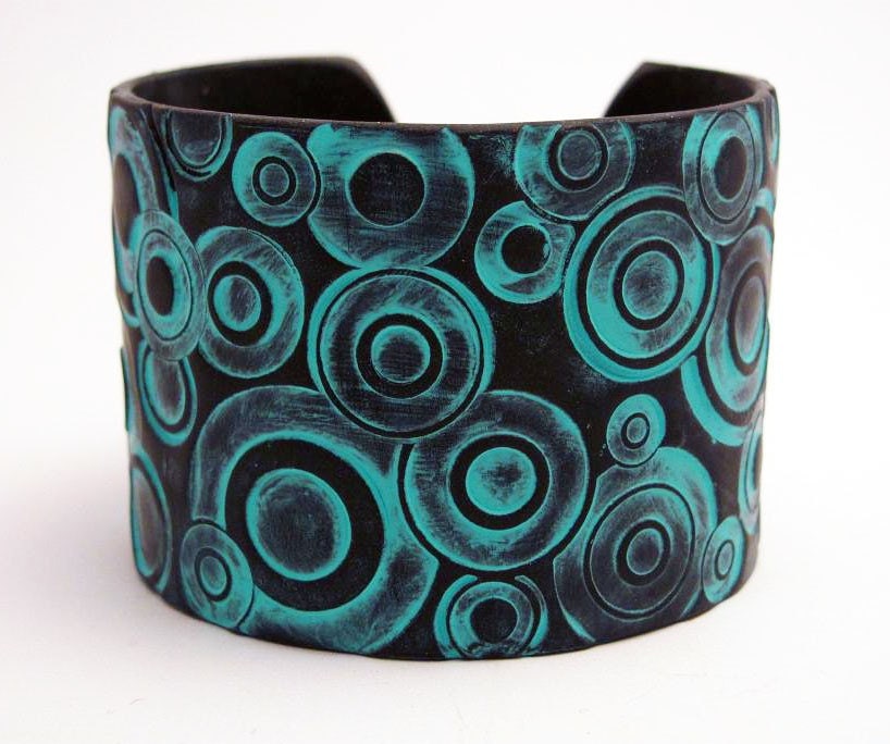 Black Cuff Bracelet Turquoise Teal Polymer Clay Wide Cuff Hand Stamped Circles Art Jewelry