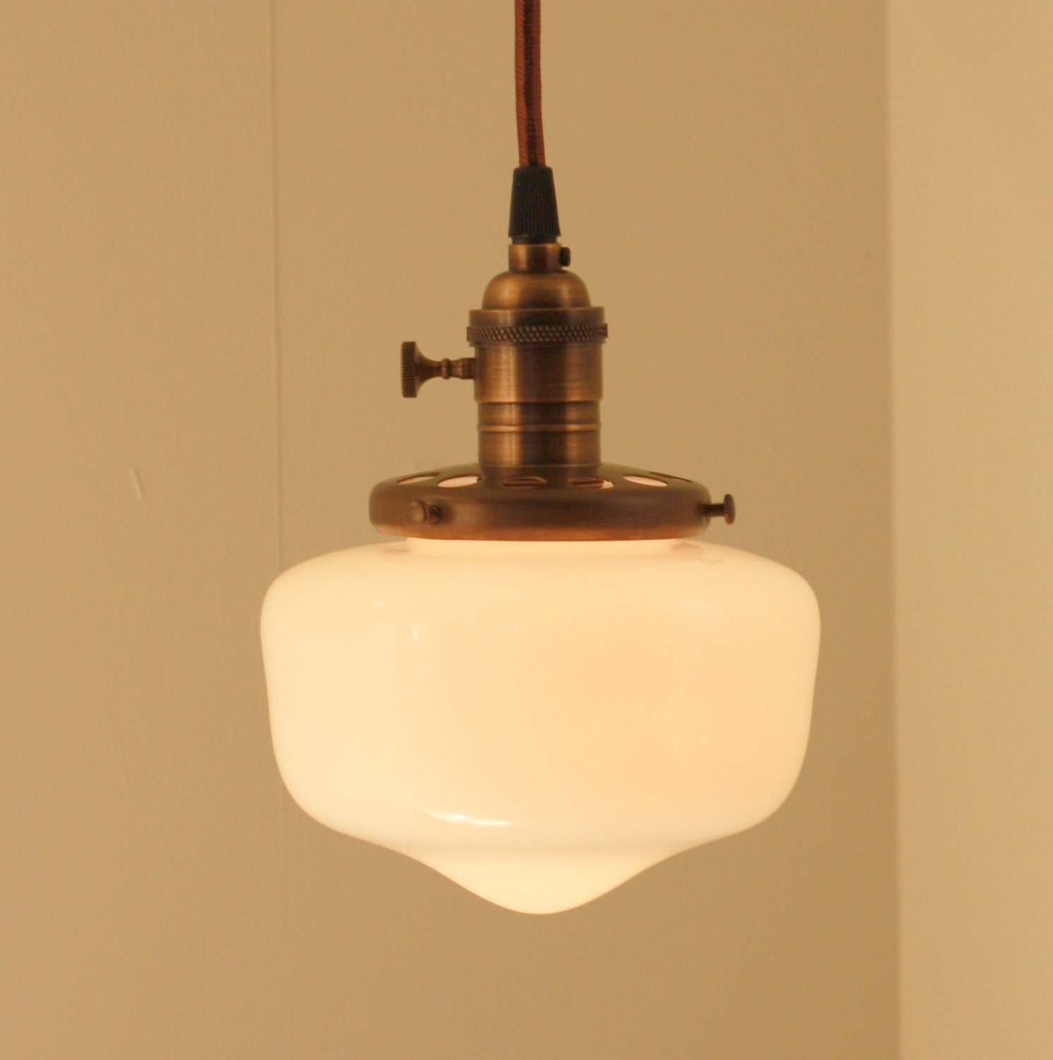 Pendant Light Fixture with White Glass Schoolhouse Style Shade