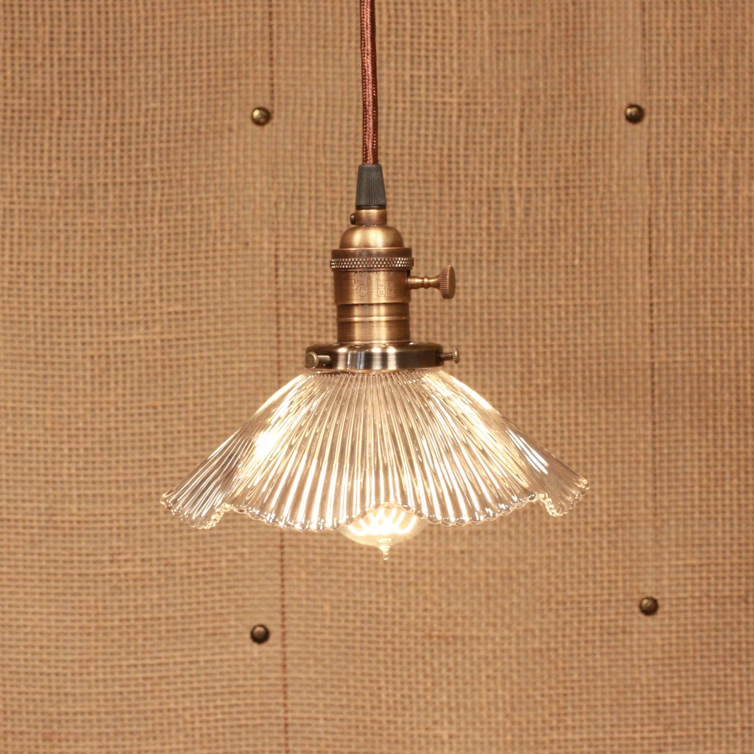 Pendant Lighting with Vintage Holophane Glass Ruffle Shade and Reproduction Wire