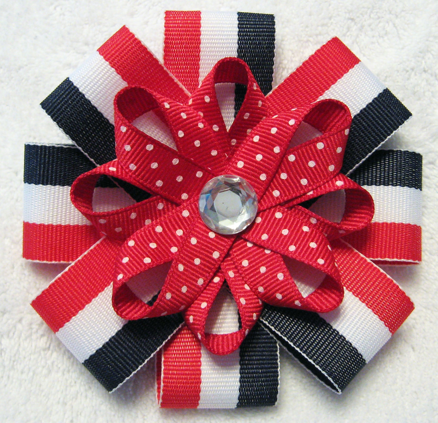 Large Patriotic Red White and Blue Double Layer Grosgrain Ribbon Flower Bow Clip with Red and White Polka Dot Petals and Acrylic Gem Center
