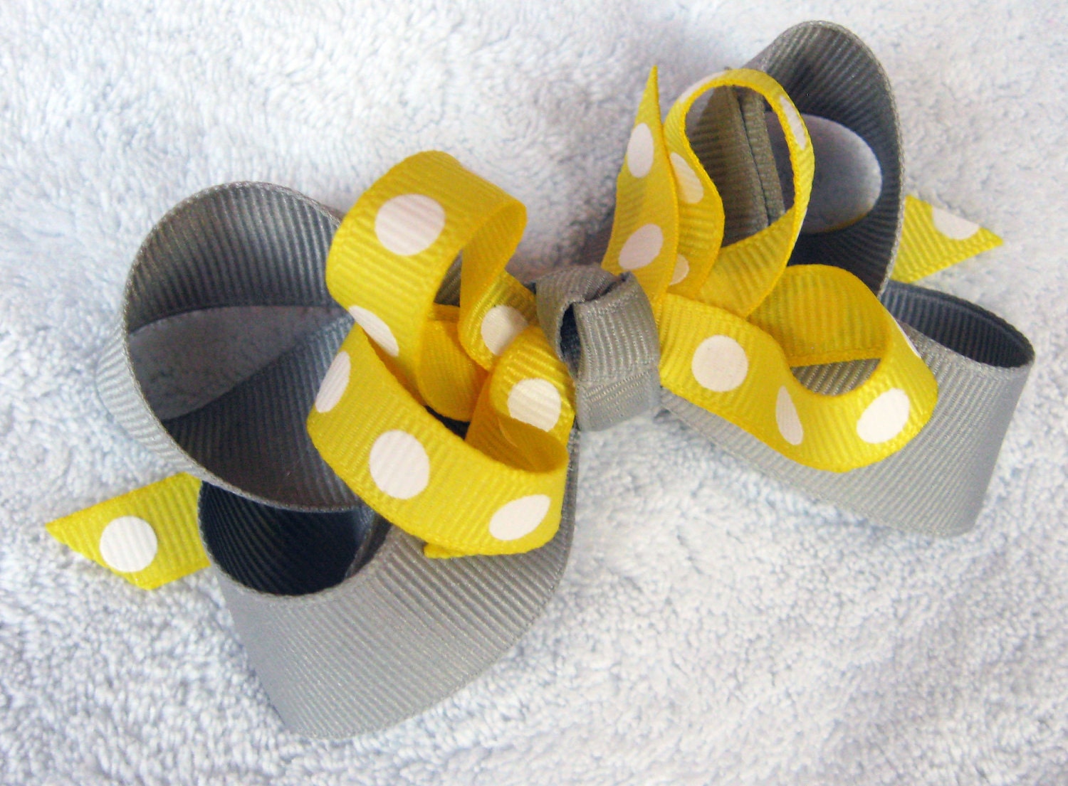 4.5" Grey/Gray and Yellow Polka Dot Grosgrain Ribbon Multi Layer Boutique Bow