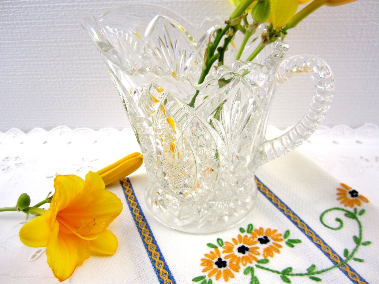 Vintage Clear Glass Pitcher Creamer Vase, Yellow Lilly