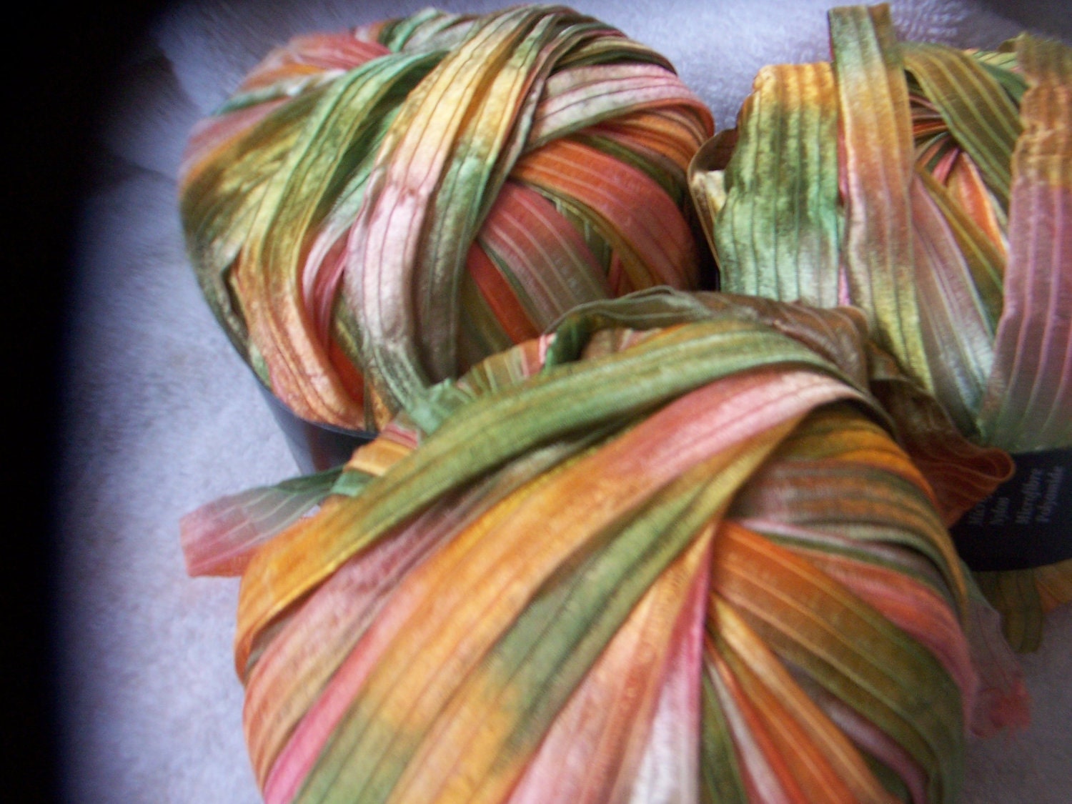 4 Skeins Lana Grossa India Ribbon Yarn, color 12, pink, green, yellow
