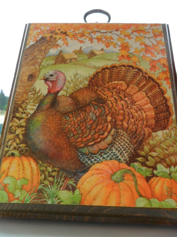 Vintage Wall Hanging Plaque Thanksgiving Turkey Beveled Wood Retro 1970s