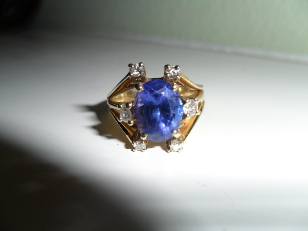 Vintage 3 CARAT Tanzanite and Diamond 14K Gold Ring 1960s Fine Jewelry Mid Century Statement Ring