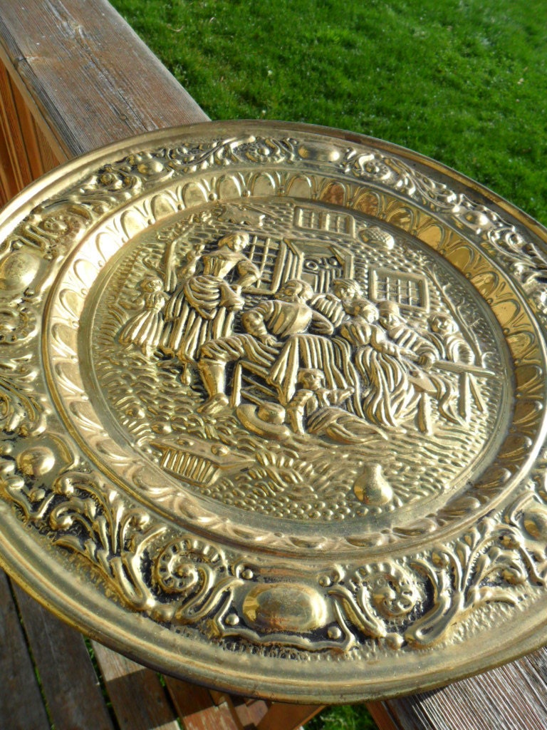 Vintage Brass Plate Wall Hanging Made in England Large Embossed Plaque 1970s Retro Mid Century