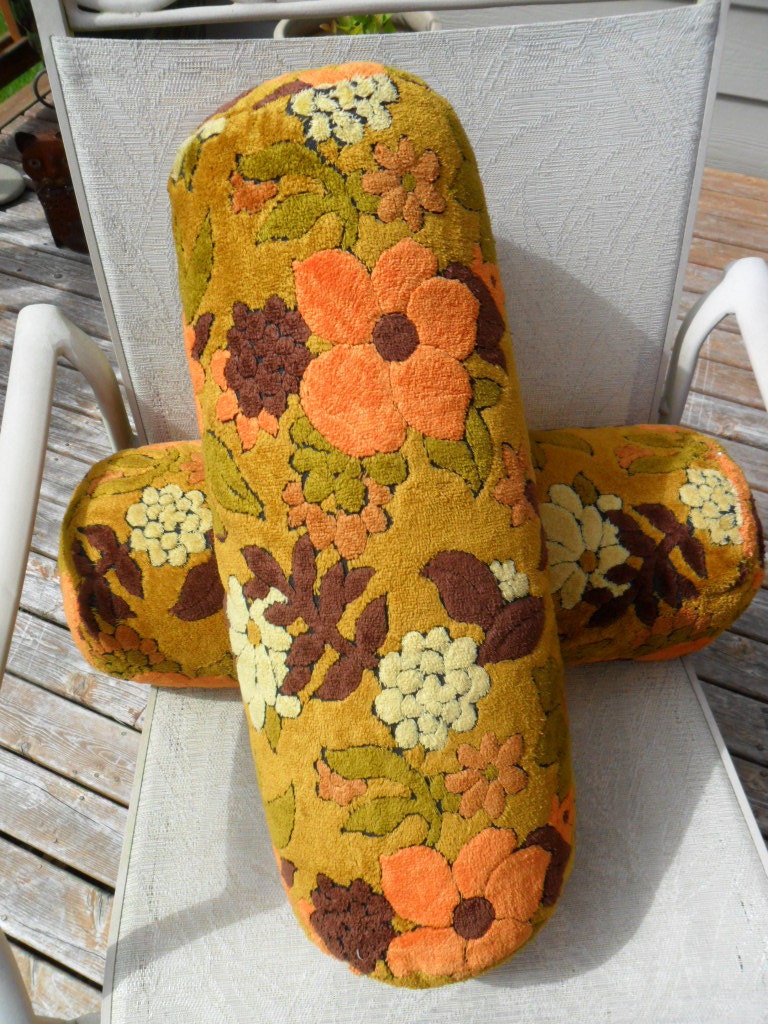 Vintage Pillow Set Neck Rolls Bolsters Removeable Pillow Covers Art Deco Retro Flowers 1970s Plush Velvet Orange Gold Brown Olive Green