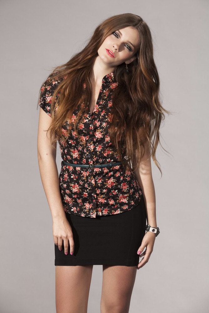 Black top, Flowers Blouse , Sexy and Feminine, Short Sleeve  Womens Shirt, Cotton shirt,
