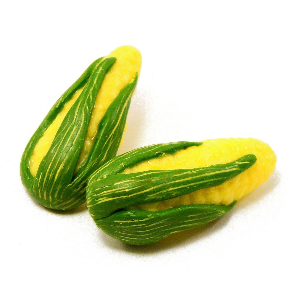 Polymer clay Buttons shank  corn cob miniatures yellow green glow in the dark set of two