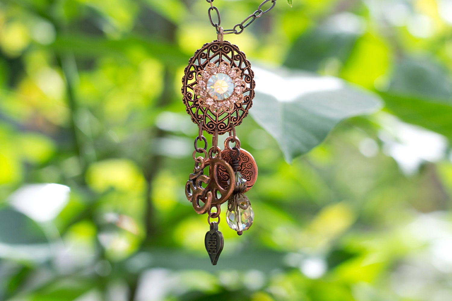 Buddha's Bling Necklace with Om, Peace, Tree of Life, and Double Happiness charms