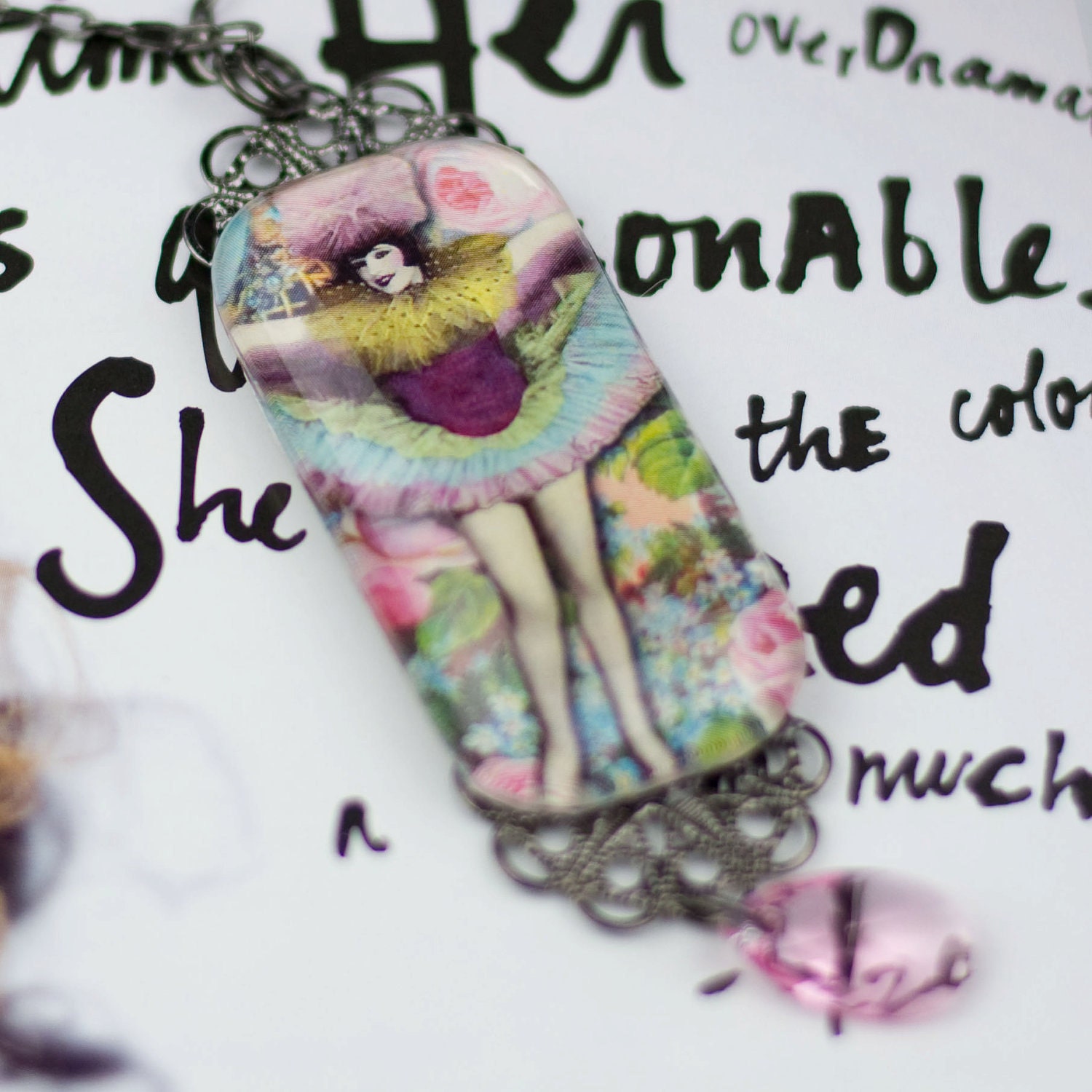 Beautiful Vintage Ballet Dancer Glass and Crystal pendant Necklace..Showgirl, Circus, Vaudeville, Ballerina