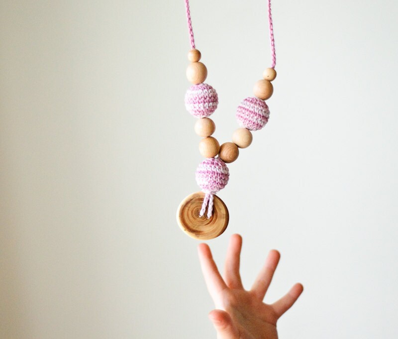 Teething Necklace for Mom to Wear -  pink and white stripes with juniper wood button pendant - KangarooCare