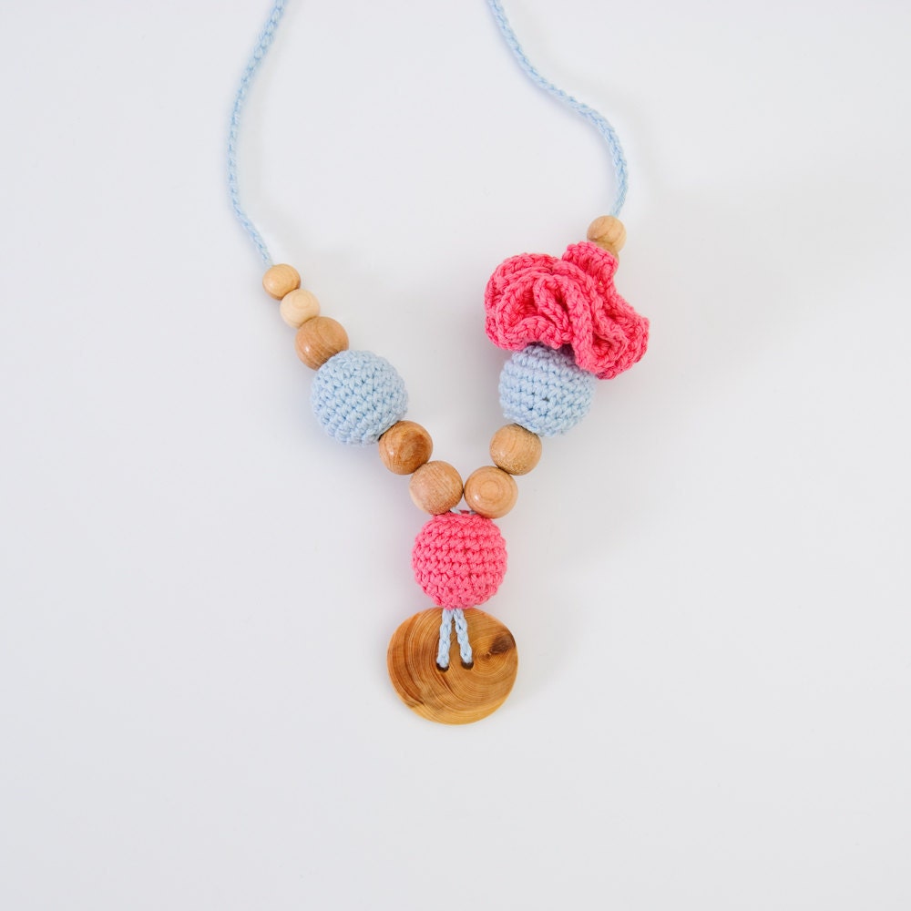 100% Certified Organic - Nursing Necklace / Teething Necklace for Mom to wear - coral and light blue