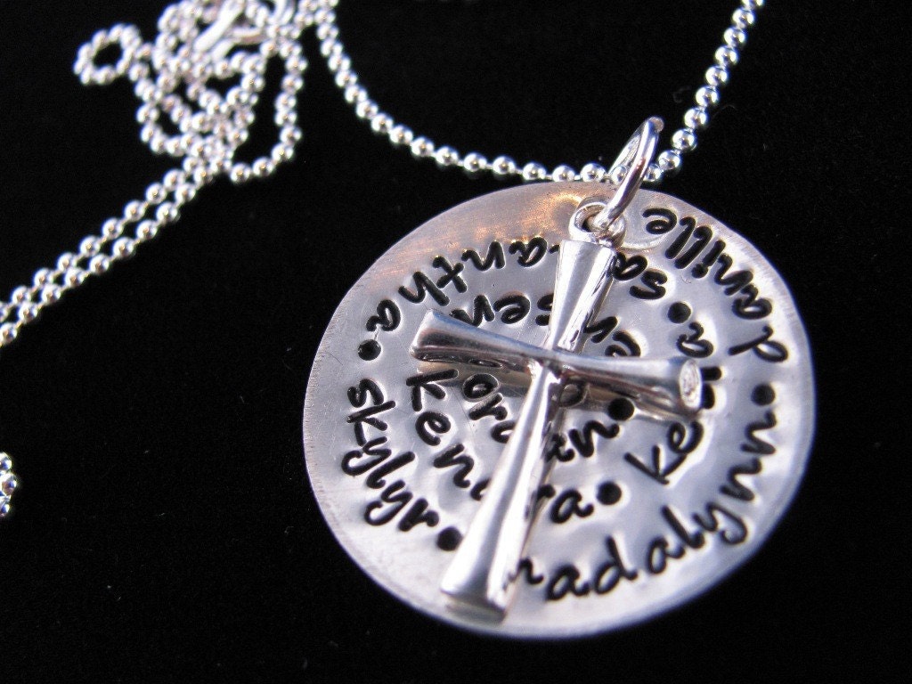Personalized Family of Faith Necklace: Hand Stamped Personalized Christian Family of Faith Necklace with Cross in Sterling Silver