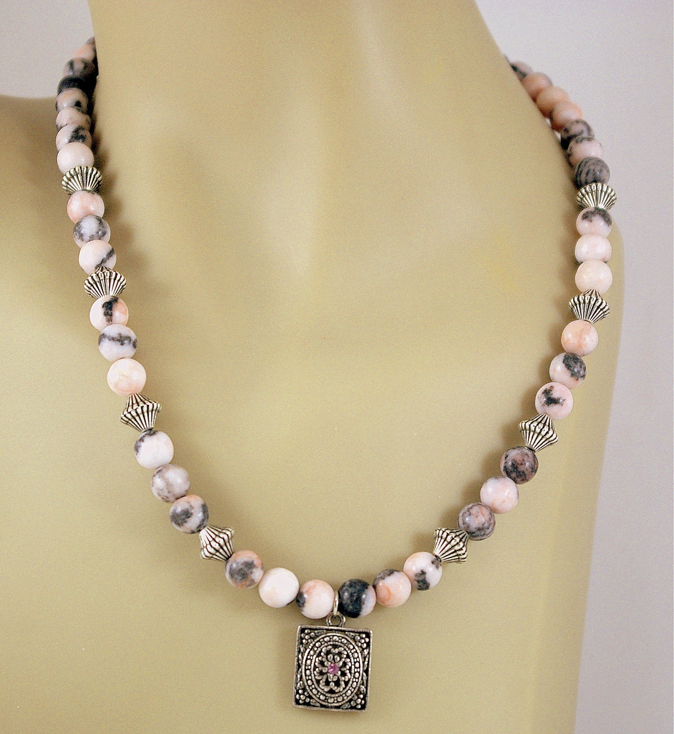 Pink Zebra Jasper Necklace with Pendant. Resort Wear. Romantic.
