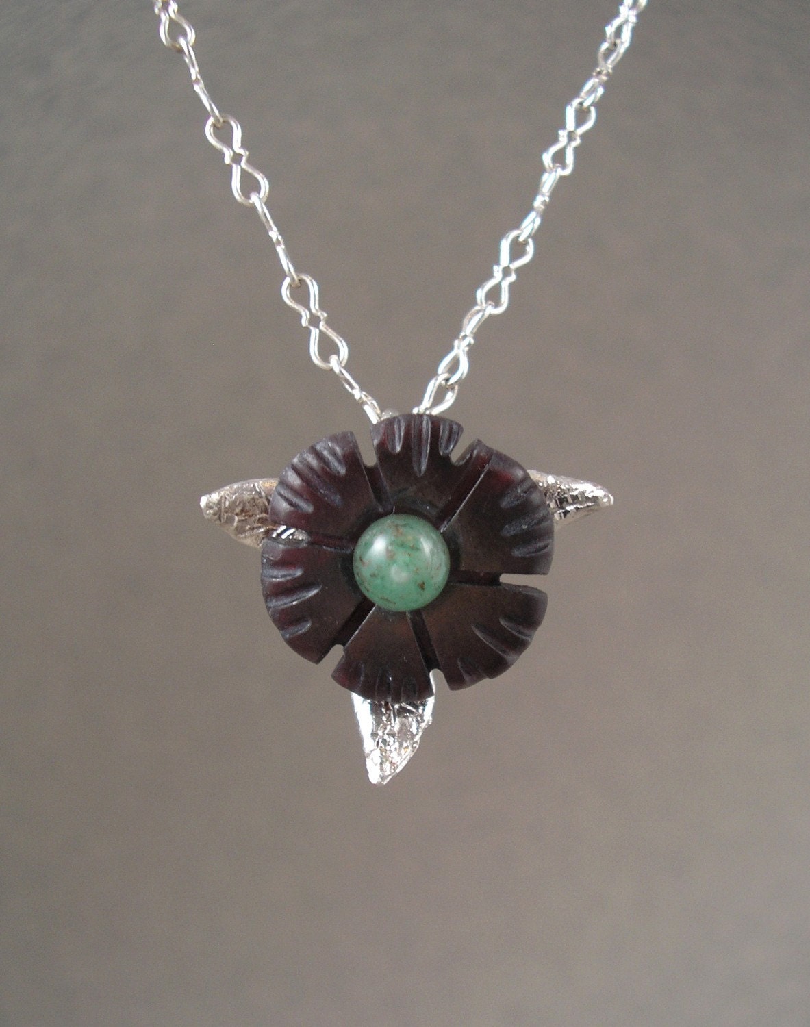 Shell Flower Pendant with Green Aventurine in Dark Brown Necklace
