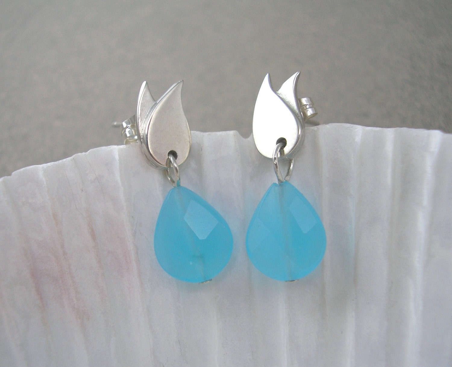 Silver & Aqua Blue Glass Leaf Teardrop Earrings