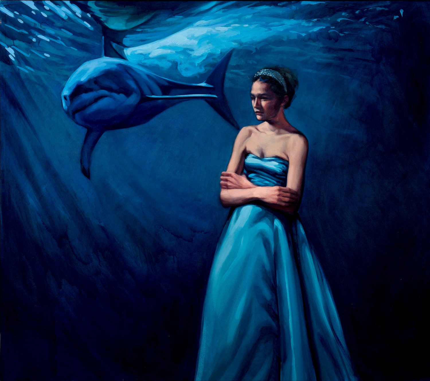 Oil painting girl woman blue prom dress shark aquarium water "Beneath the Surface"