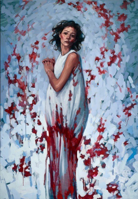 Oil painting woman red roses petals "The Heart That Mends"