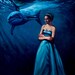 Oil painting girl woman blue prom dress shark aquarium water "Beneath the Surface"