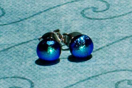 Dichroic Fused Glass Post Earrings: Blue-Green Mermaid Pearls