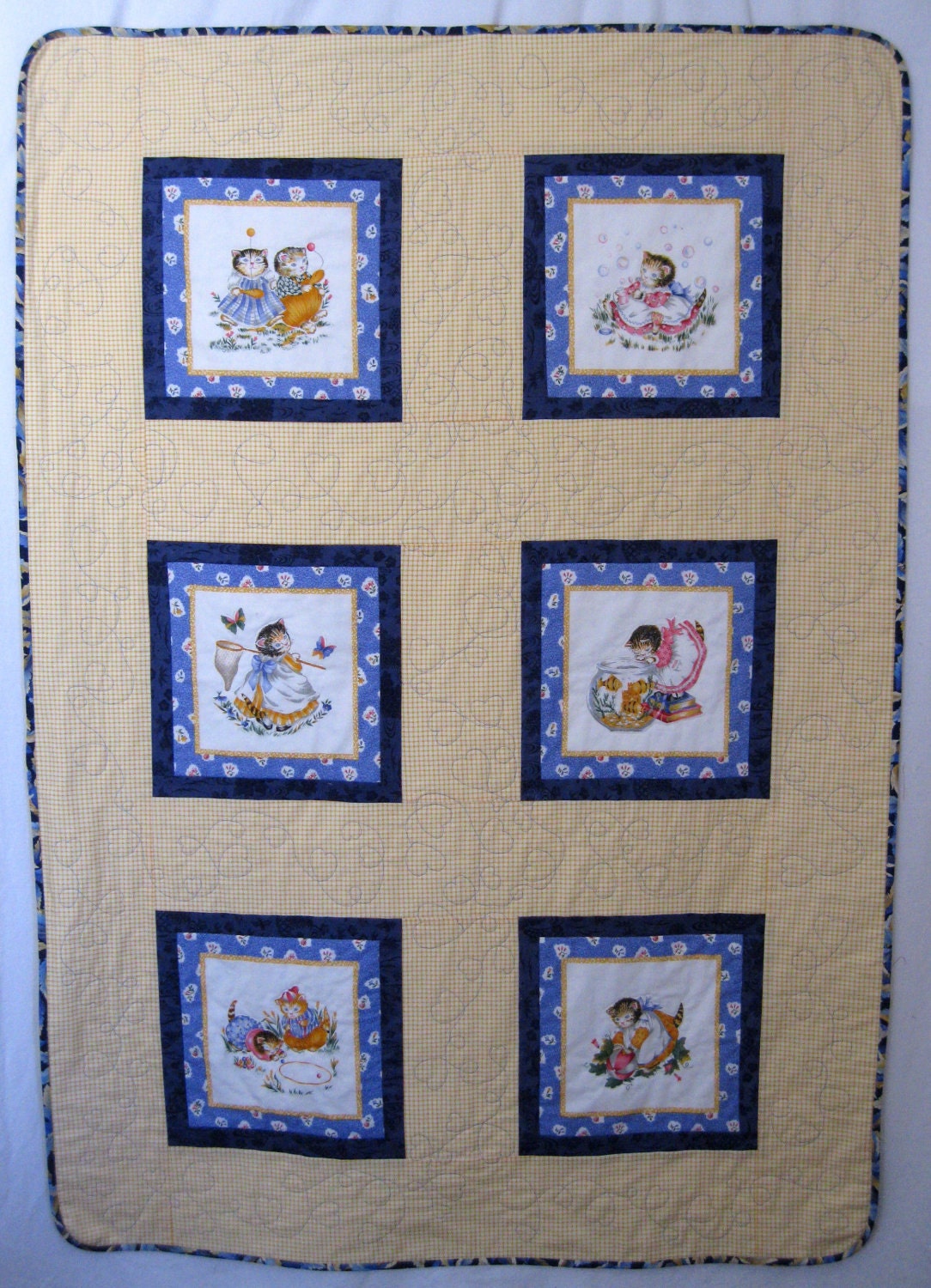 Handmade Quilt 40 x 57 Kitty Cucumber Baby Children Crib Yellow Blue Kittens Free Motion Quilting Hearts NEW