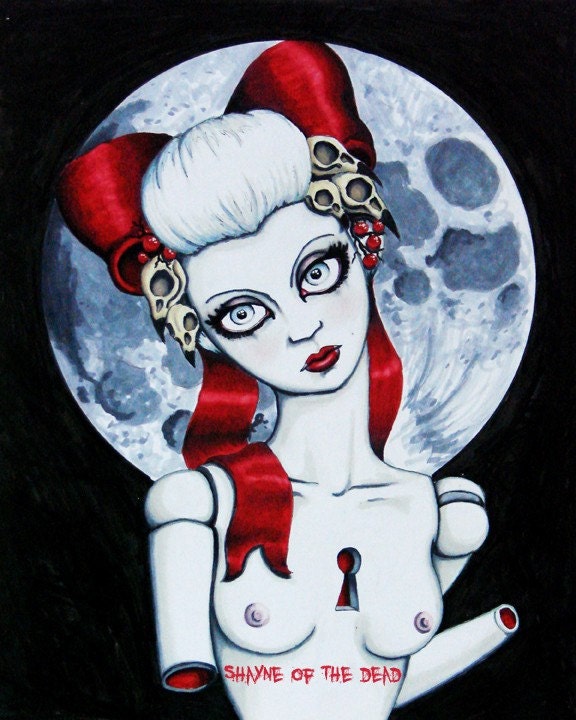 Doll art with red bow and bird skulls 8x12 Stretched Canvas Print - The Secret