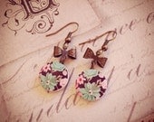 Teal Floral Painted Wood Bow Button Drop Earrings
