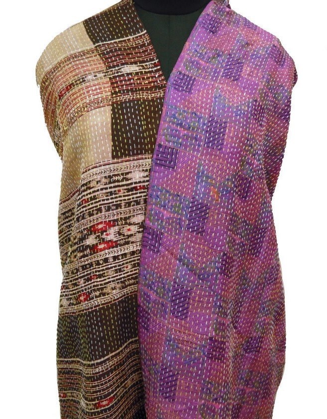 Vintage Kantha Style Women Scarf Used Wrap Home Decor Craft Fabric Indian Pure Silk Dupatta Recycled Hijab - IDP221