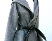 MARIA SEVERYNA Italian Grey Woven Wool  Jacket with Leather Belt and Hood