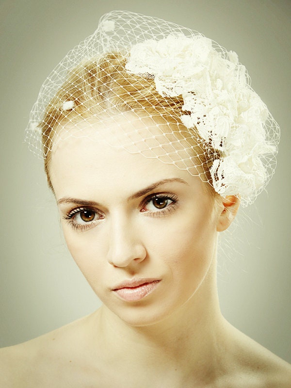 Classic Birdcage Veil, Frenching Veiling, Chenille Dot Bandeau, Vintage Style Wedding Bridal Veil, Bridal Bandeau, Avail. in White or Ivory