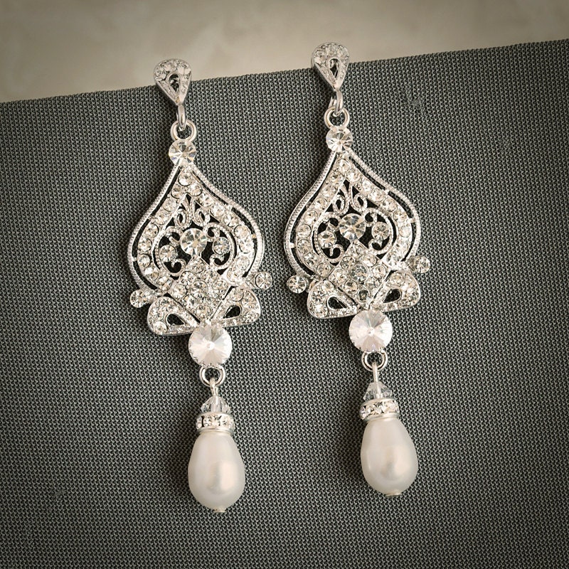 GRACE, Vintage Inspired Wedding Bridal Earrings, White, Ivory Pearl and Rhinestone Chandelier Wedding Earrings, Hollywood Glamour Jewelry