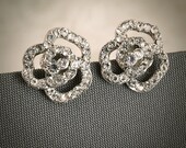ROSANA, Rhinestone Bridal Wedding Stud Earrings, Silver Crystal Rose Vintage Wedding Bridal Earrings, Flower Bridal Bridesmaids Jewelry