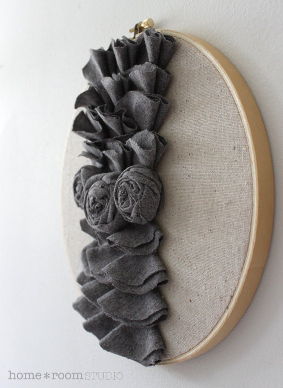 Embroidery Hoop Art - Pewter Jersey Roses and Ruffles Wall Hanging - 9in Hoop