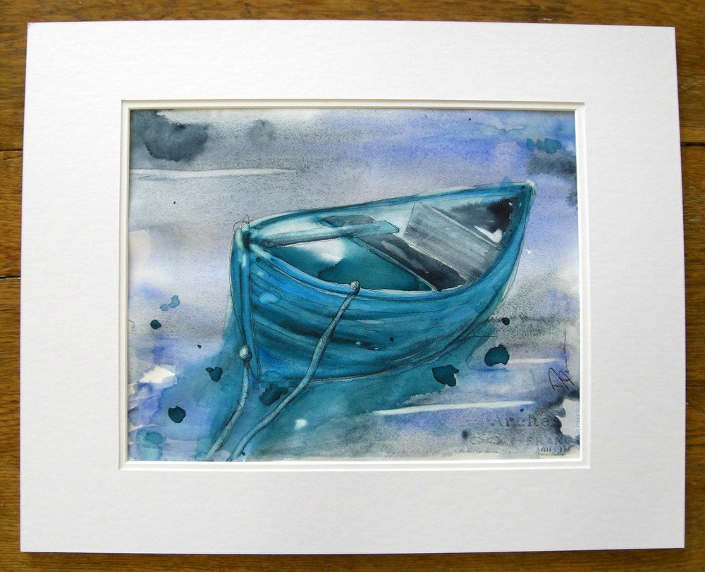 Blue Boat Watercolor Painting Original Nautical Art