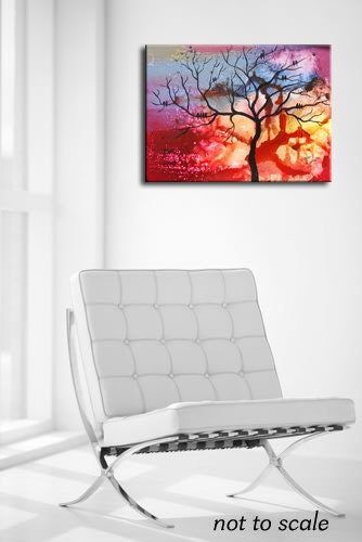 Art Painting Original Modern Abstract Colorful Birds Tree Painting by Helen - Sunset Tree Painting