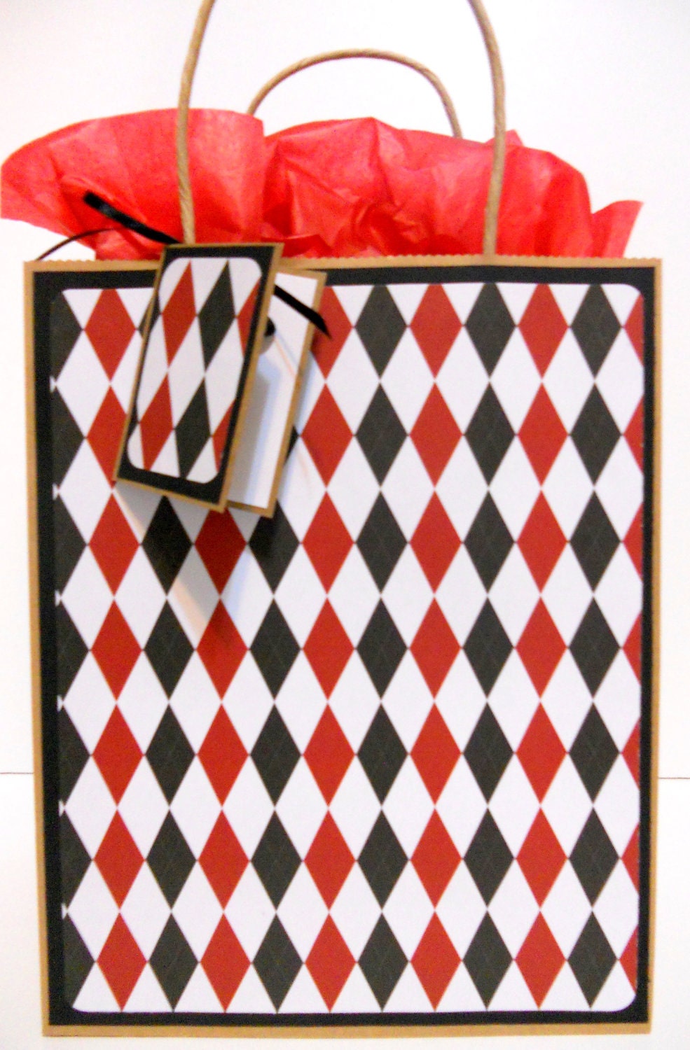 Red and Black Argyle 8 x 10 Gift Bag with Matching Gift Tag