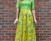 60's Green/Yellow Floral Skirt Maxi Dress (Size: Small)