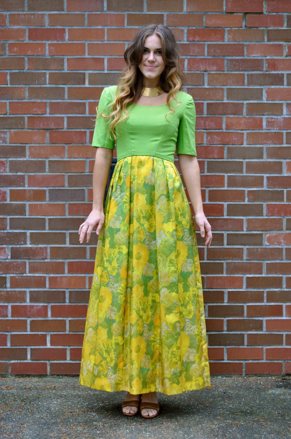 60's Green/Yellow Floral Skirt Maxi Dress (Size: Small)