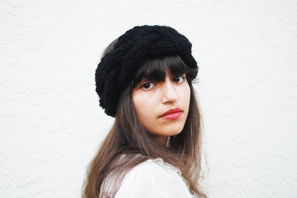 Braided Cable Turban Headband Hand Knit in Black - MADE TO ORDER