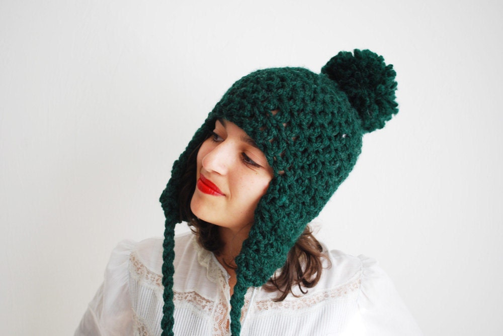 Pom-Pom Ear Flap Hat Hand Crocheted in Emerald Wool Blend - MADE TO ORDER