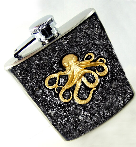 Octopus Hip Flask Steampunk Mixed Metals Kraken on Black and Silver Neo Victorian Metal Flask